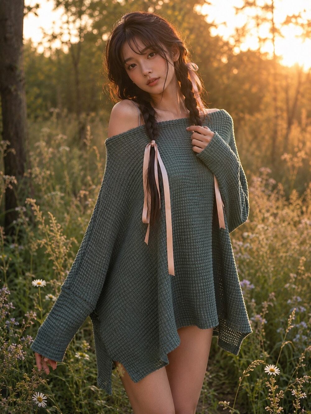 Soft Skies & Slow Mornings Slouchy slv Waffle-Knit Off-Shoulder drapey Sweater